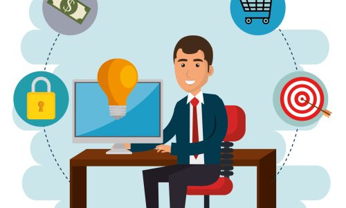 businessman in the office with e-mail marketing icons vector illustration design